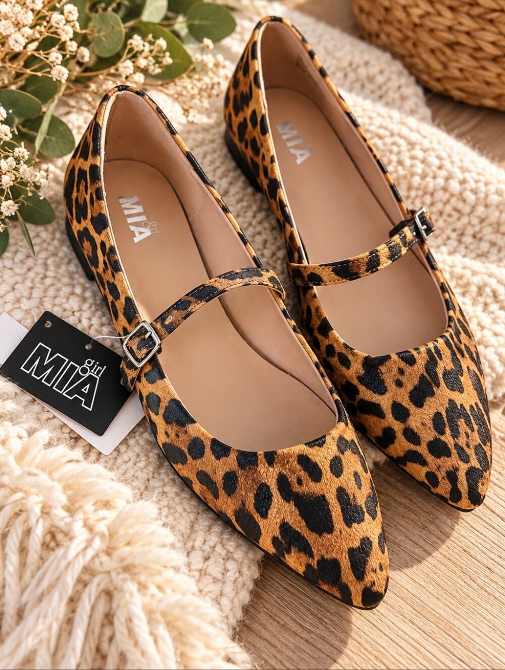MIA Leopard-Print Pointed Mary Jane Flats - Tan/Black
